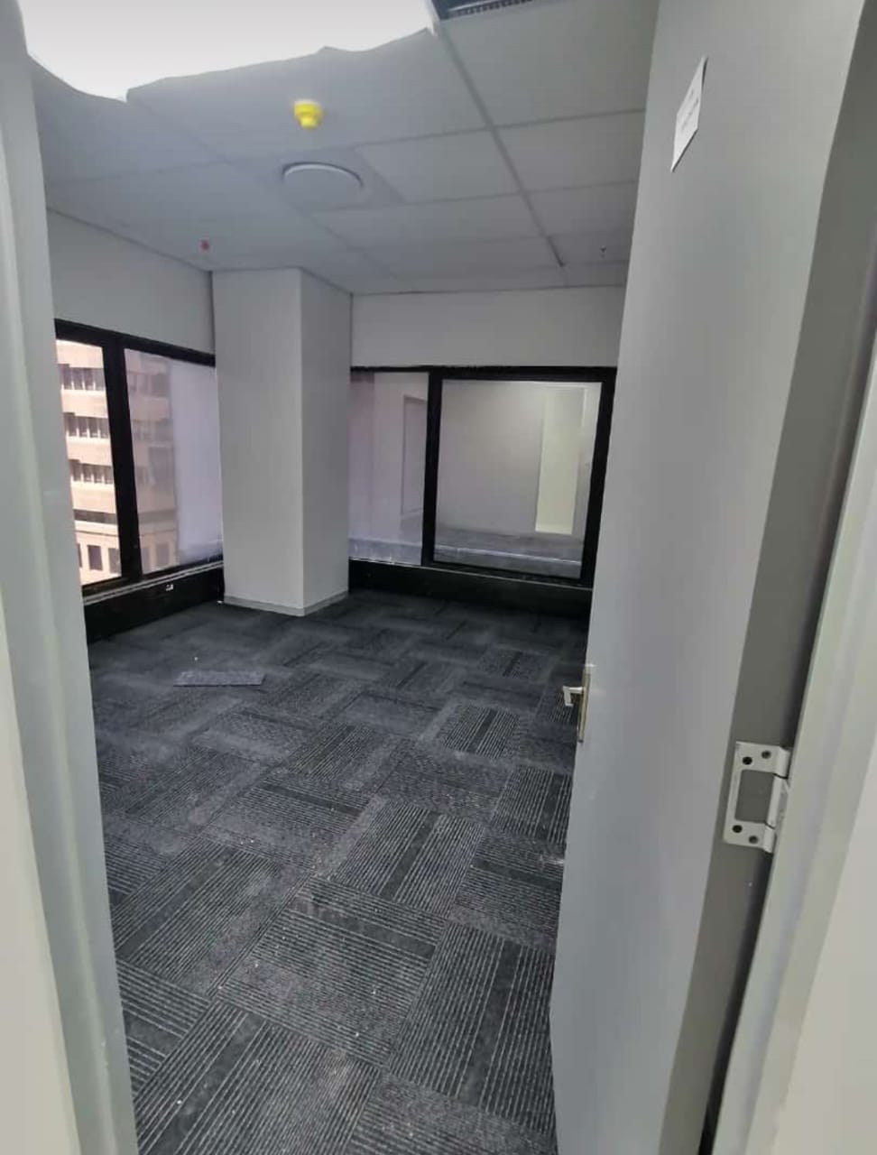empty office space with white walls and gray carpet