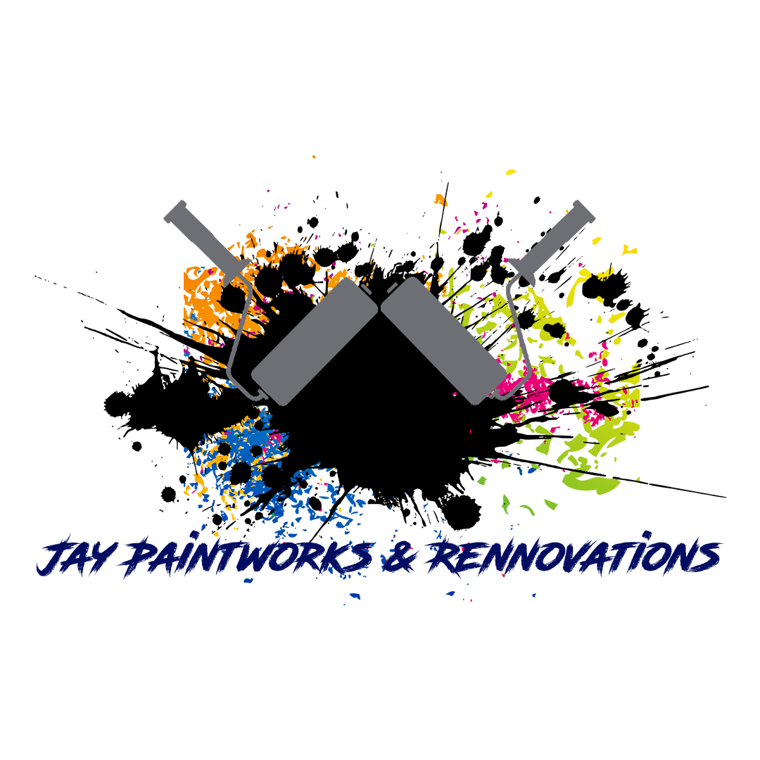 logo with two roller brushes and paint splashes