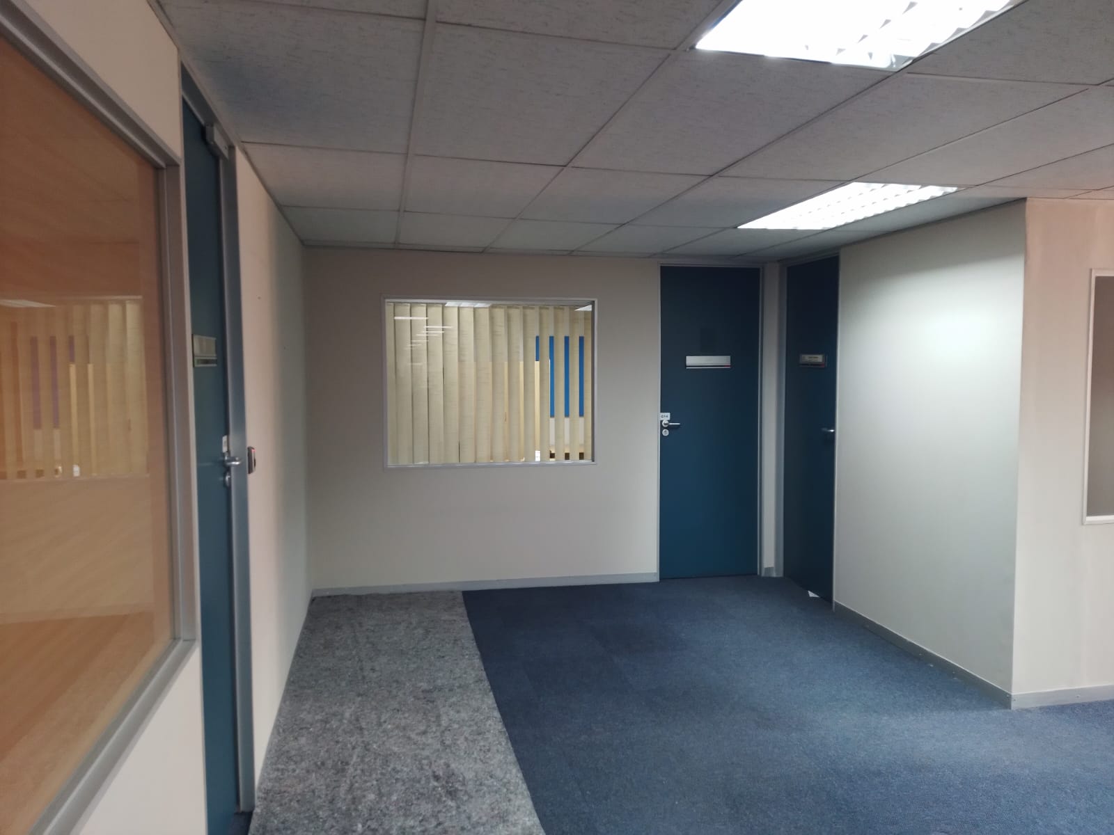 office with white walls, blue and grey garpet and blue door